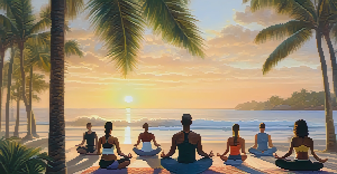 A group of diverse individuals practicing yoga on a beach at sunrise, surrounded by palm trees and gentle waves.