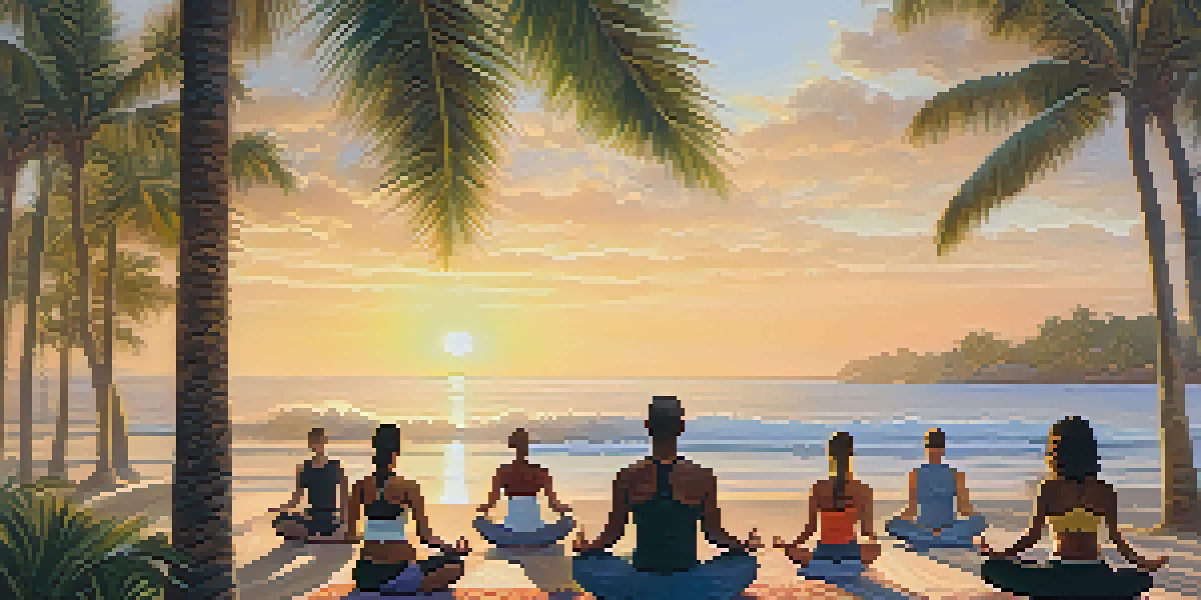 A group of diverse individuals practicing yoga on a beach at sunrise, surrounded by palm trees and gentle waves.
