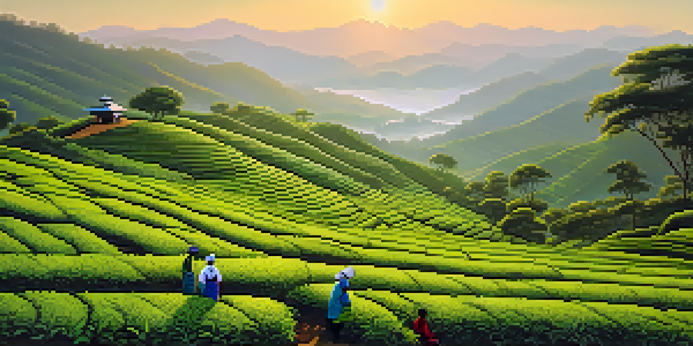 A peaceful view of a tea plantation in Assam, with green tea bushes and workers harvesting tea leaves under a warm sunset.