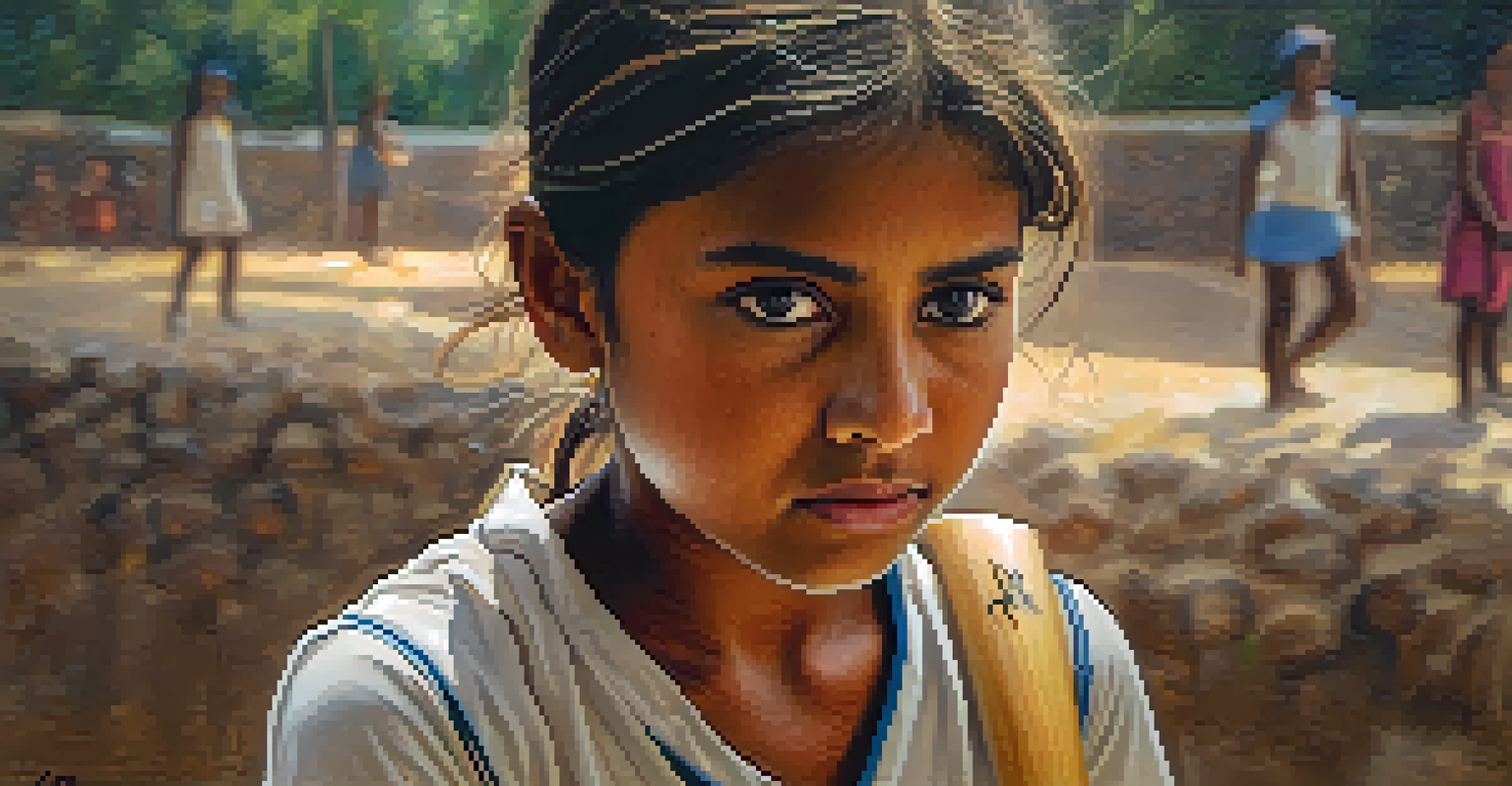 A close-up of a young girl holding a worn-out cricket bat, showing determination, with blurred figures of friends playing cricket in the background.