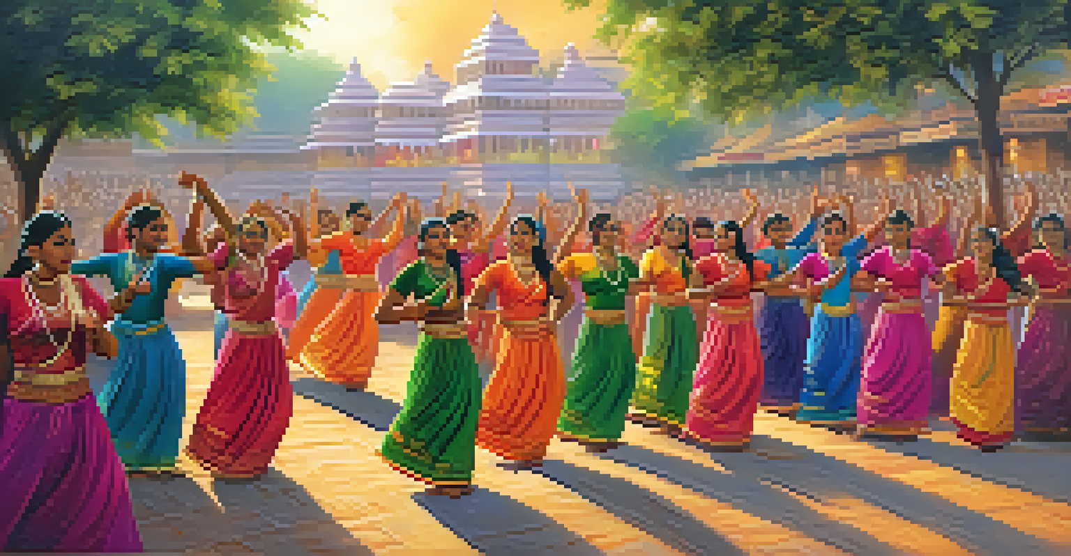 Traditional folk dancers in colorful costumes performing during Pongal celebrations, with a festive atmosphere and audience in the background.