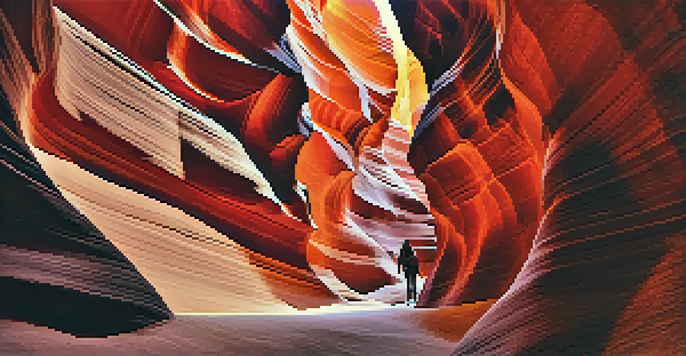 A view of Antelope Canyon with vibrant orange and red colors, illuminated by sunlight creating light beams and intricate rock patterns.