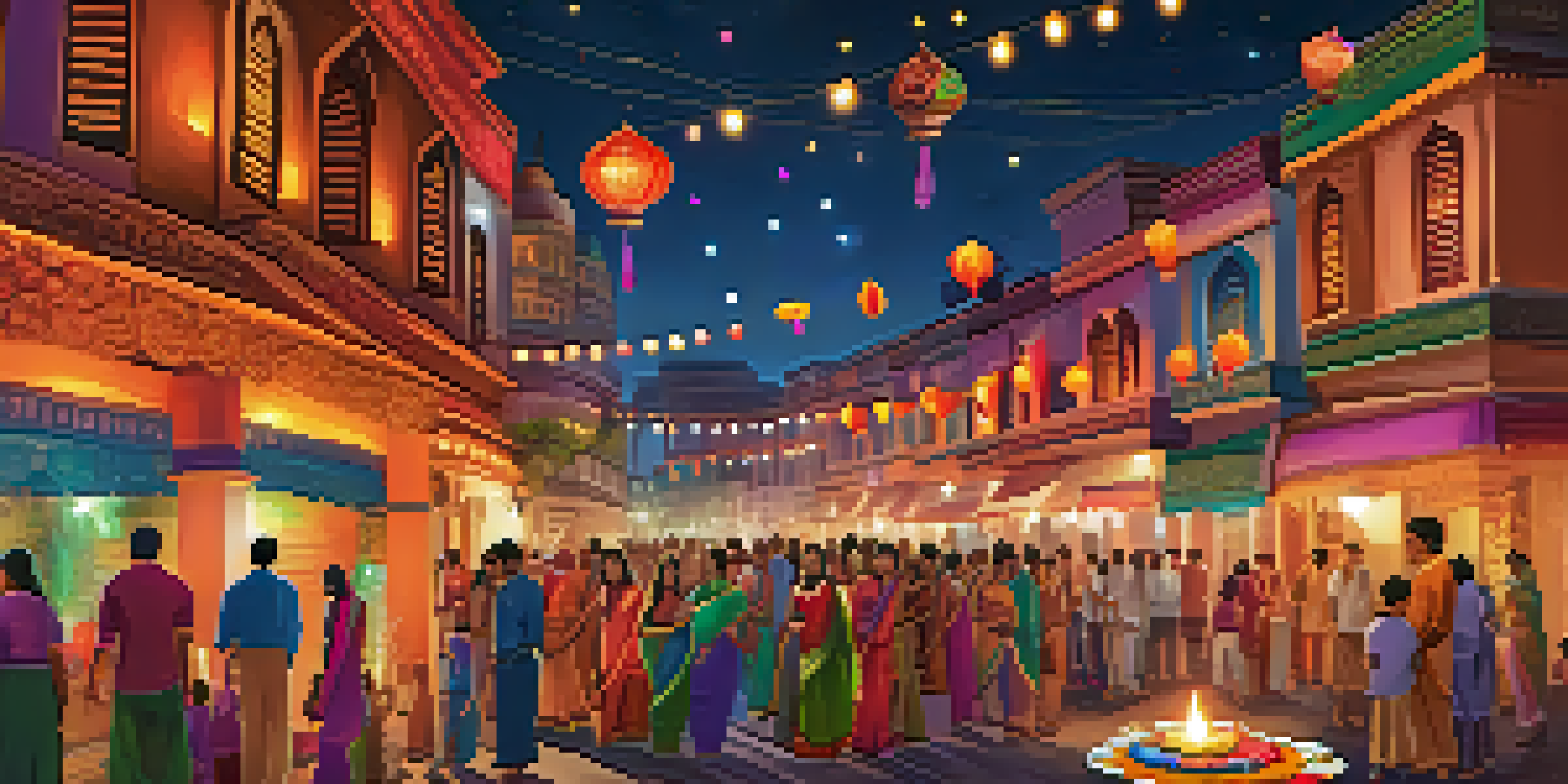 A festive street during Diwali with homes decorated with oil lamps and colorful floor designs, fireworks in the sky, and families enjoying the celebration.