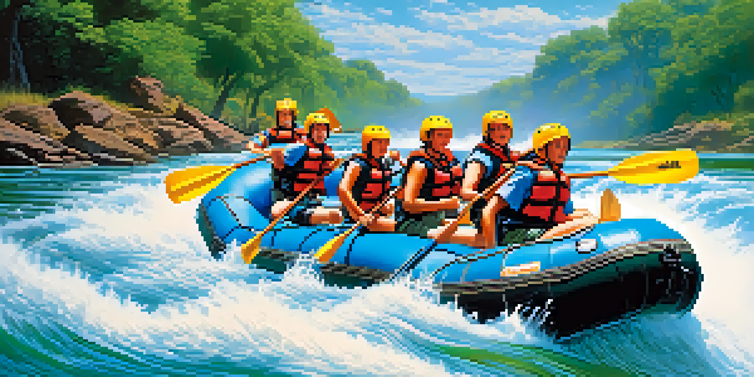 A group of rafters enjoying their adventure on the Zambezi River, with Victoria Falls in the background and lush greenery surrounding them.