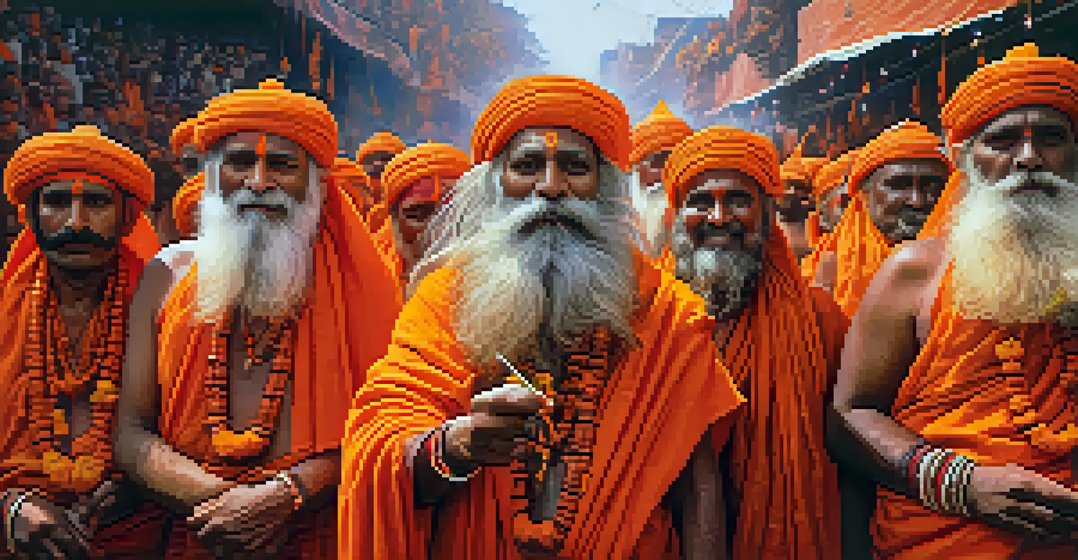 Naga Sadhus in colorful robes and painted faces participating in a procession during the Kumbh Mela, surrounded by cheering pilgrims.