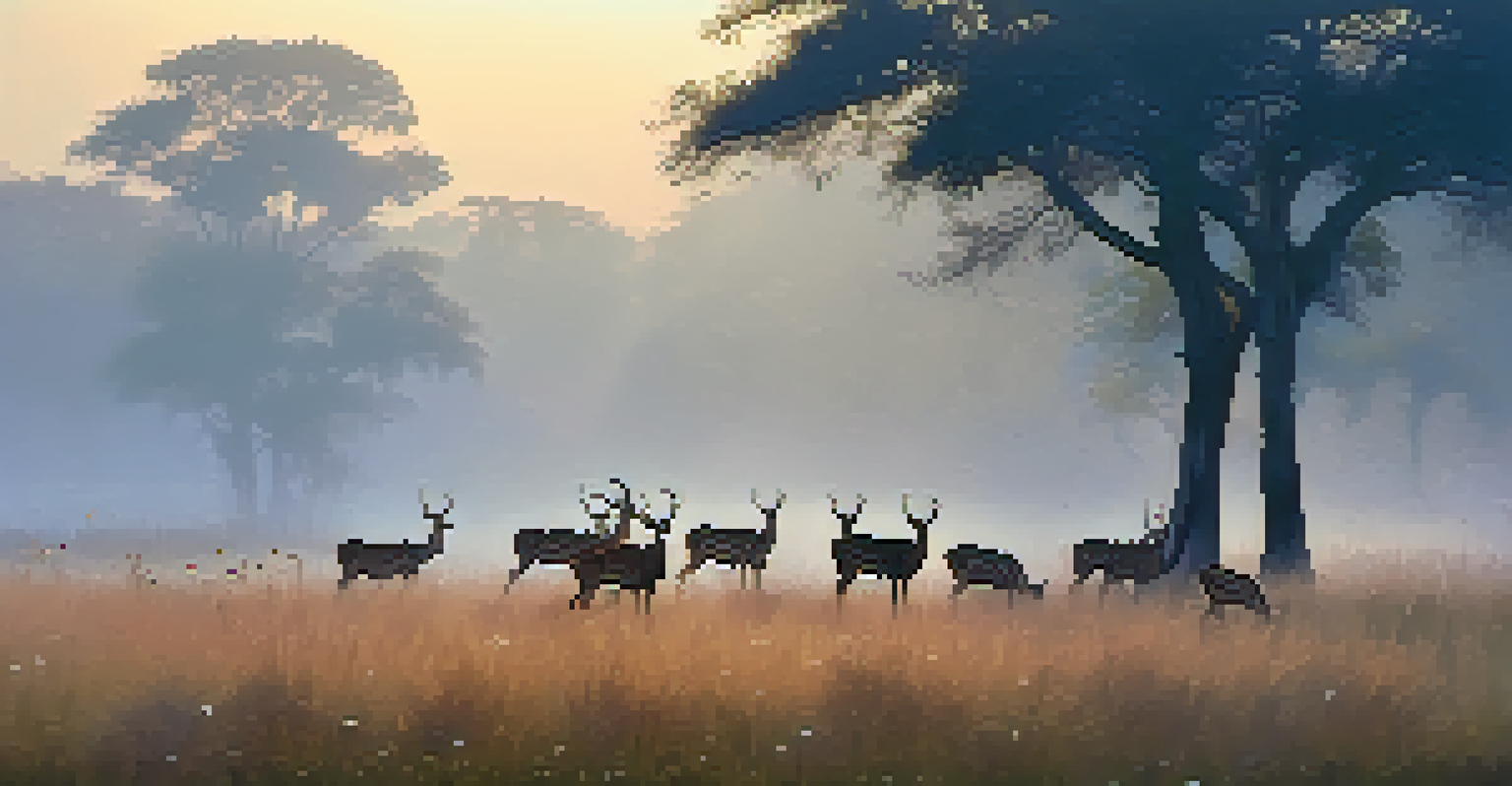 Deer grazing in a misty meadow at Kanha National Park during early morning light, with hills in the background.