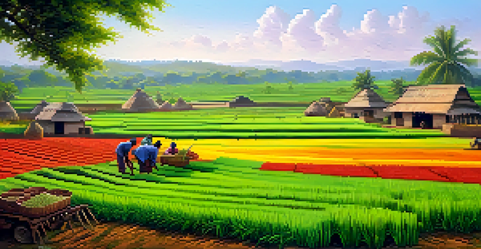 A picturesque Indian village with diverse crops and a farmer using traditional and modern farming techniques under a sunny sky.