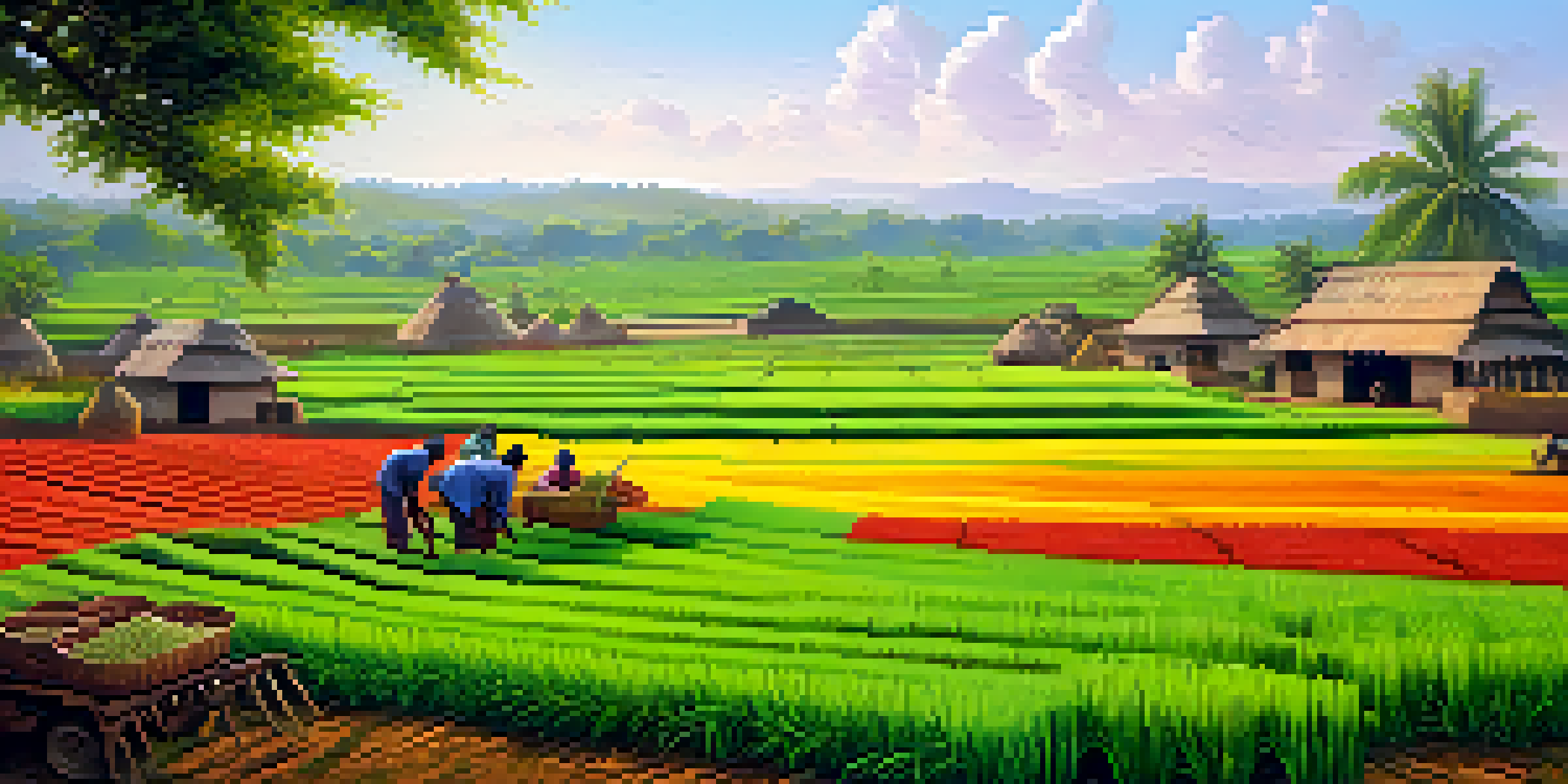 A picturesque Indian village with diverse crops and a farmer using traditional and modern farming techniques under a sunny sky.