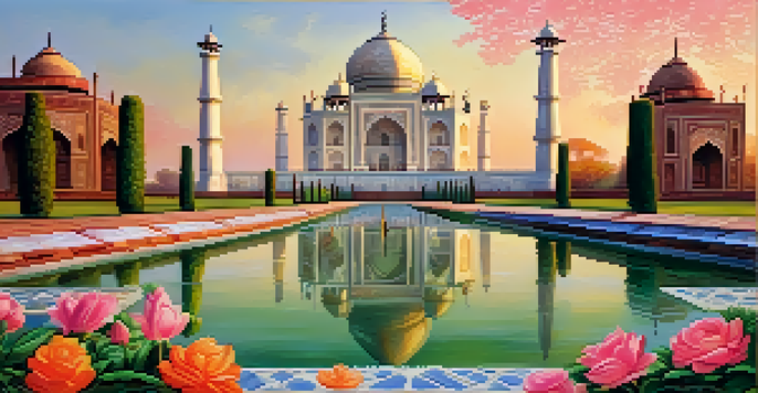 A breathtaking view of the Taj Mahal during sunrise, surrounded by lush gardens and a reflecting pool.