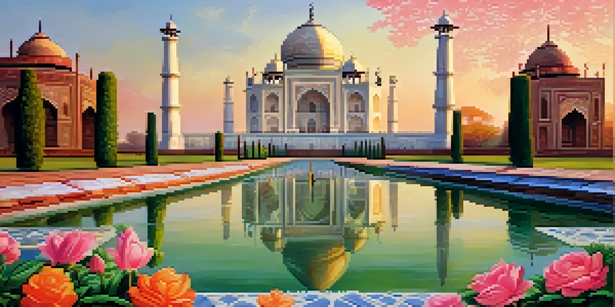 A breathtaking view of the Taj Mahal during sunrise, surrounded by lush gardens and a reflecting pool.