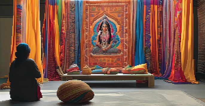 A colorful art installation in an urban area, combining traditional and modern elements, with people interacting with the artwork.