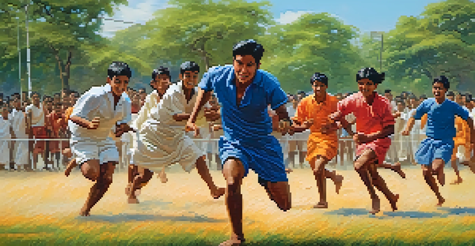 A colorful scene of a Kho-Kho game with players in action, capturing the thrill of the sport.