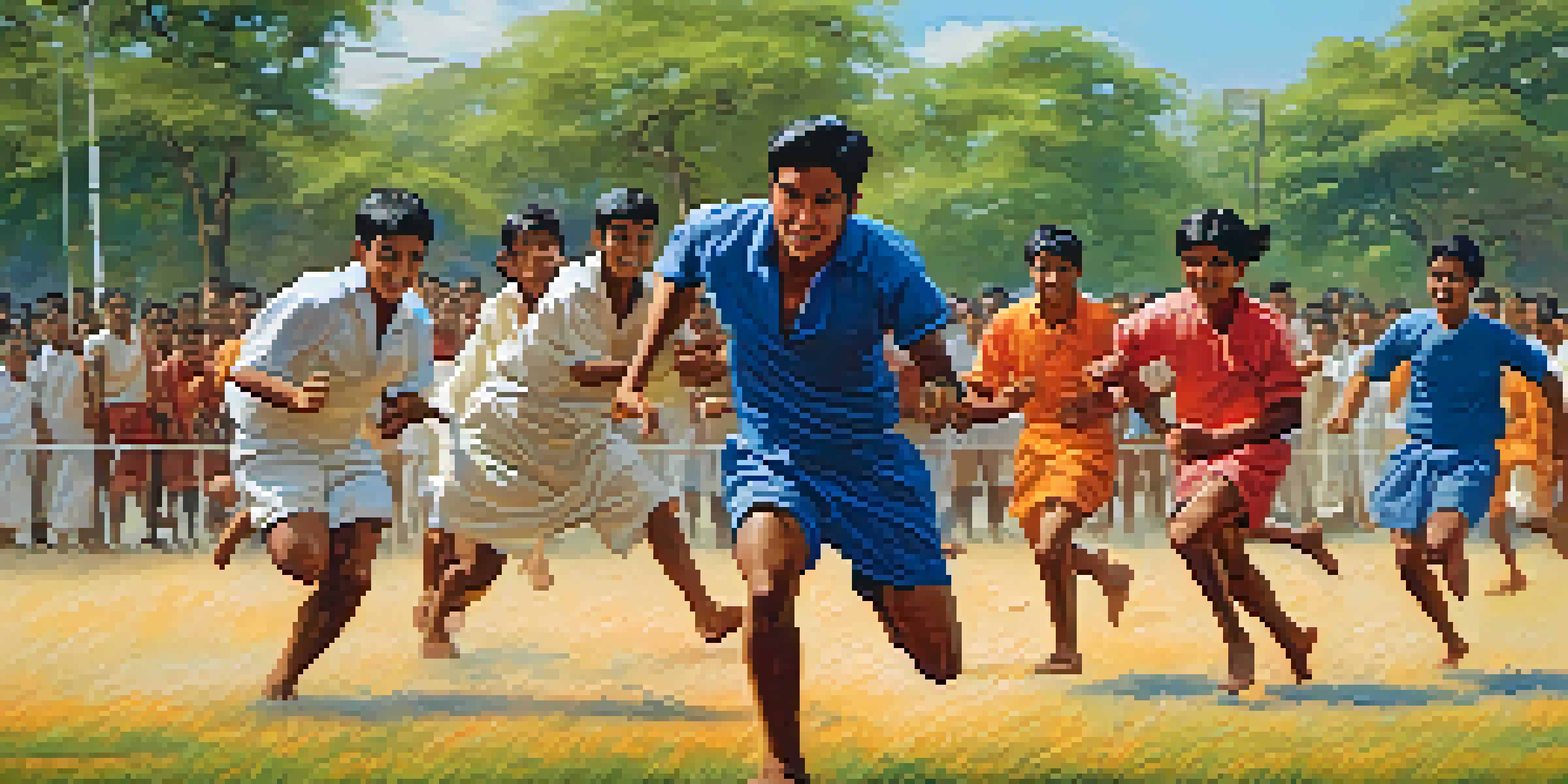 A colorful scene of a Kho-Kho game with players in action, capturing the thrill of the sport.