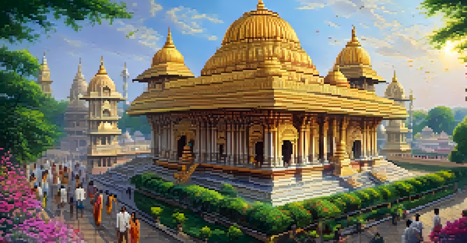 A detailed image of the Kashi Vishwanath Temple, highlighting its ornate architecture and lively atmosphere filled with devotees and incense.