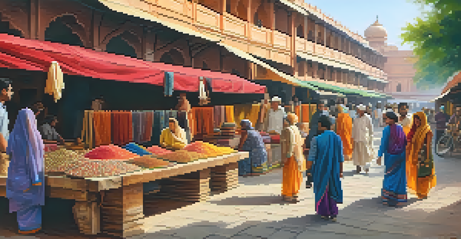 A bustling market in Jaipur filled with colorful crafts and artisans interacting with travelers.