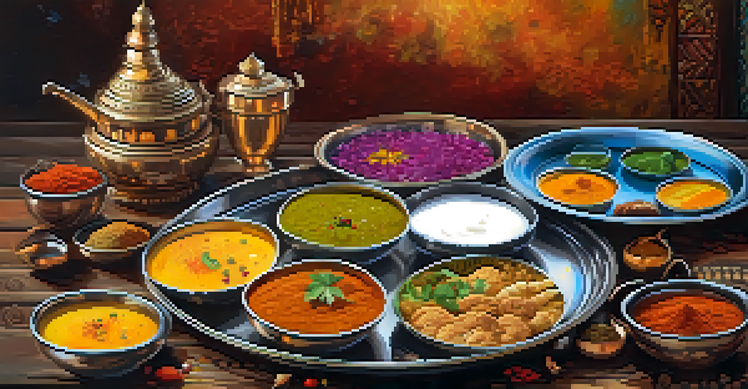 A traditional Rajasthani thali with vibrant dishes, set on a rustic table, illuminated by warm natural light.