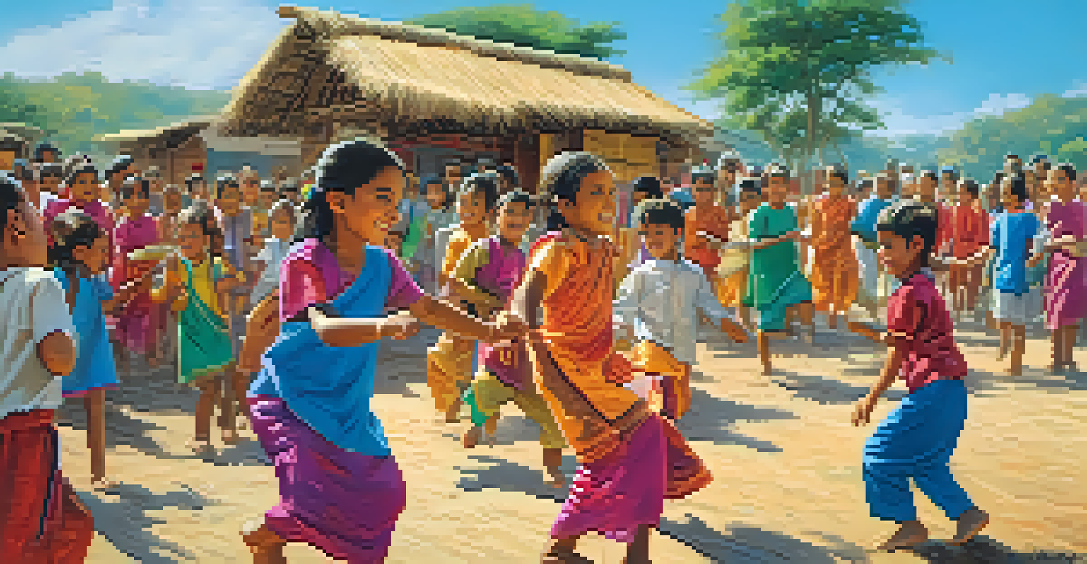 A festive gathering of children playing Gilli-Danda, surrounded by decorations, laughter, and teamwork in a vibrant village setting.