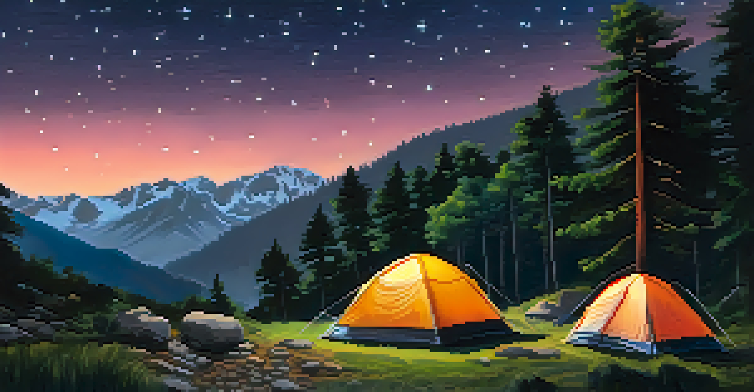 A campsite in the mountains of Himachal Pradesh with tents, greenery, and a starry sky, along with a glowing campfire.