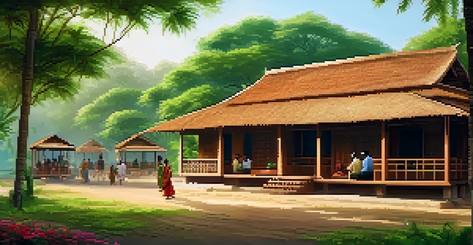 A local community in Kerala involved in ecotourism, with wooden homestays and villagers sharing crafts and meals with tourists under a sunny sky.