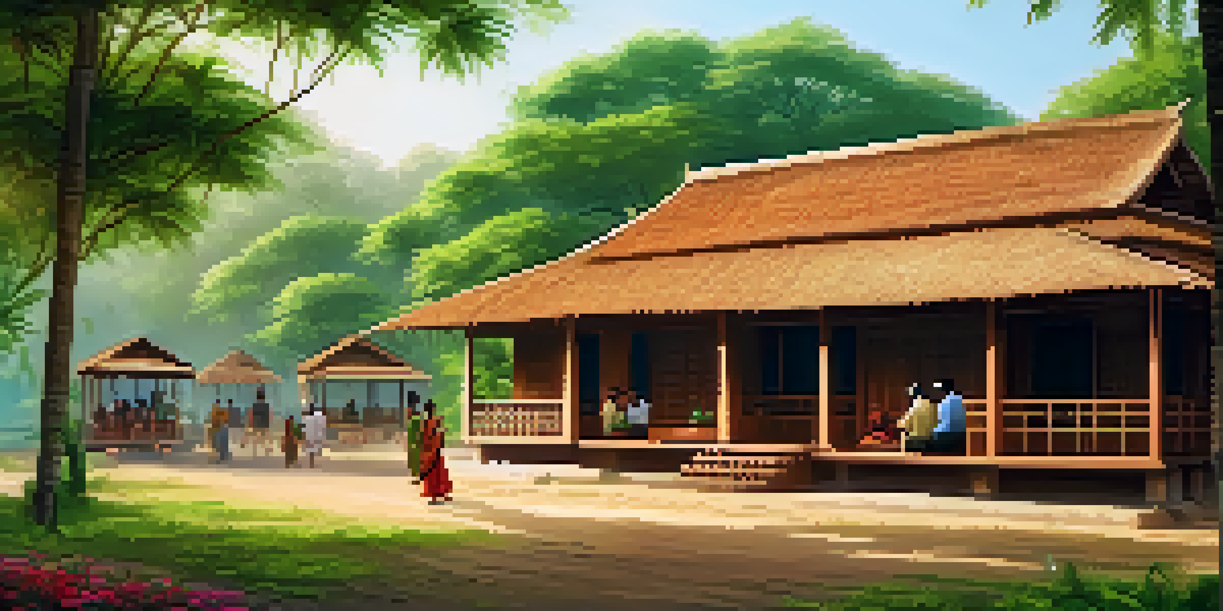 A local community in Kerala involved in ecotourism, with wooden homestays and villagers sharing crafts and meals with tourists under a sunny sky.