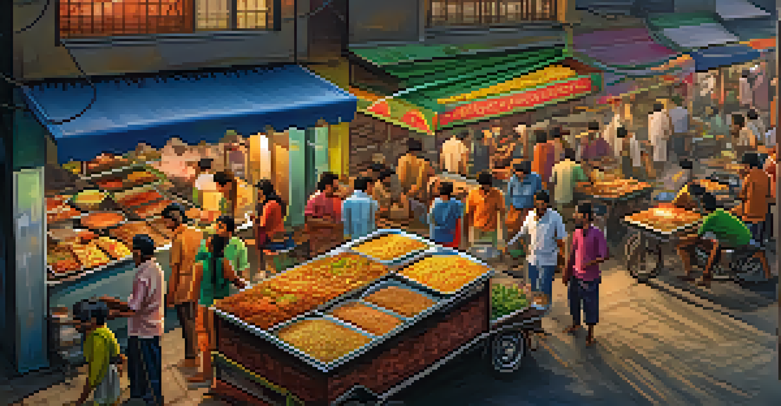 A lively street food scene in Surat with stalls serving local delicacies and happy customers.