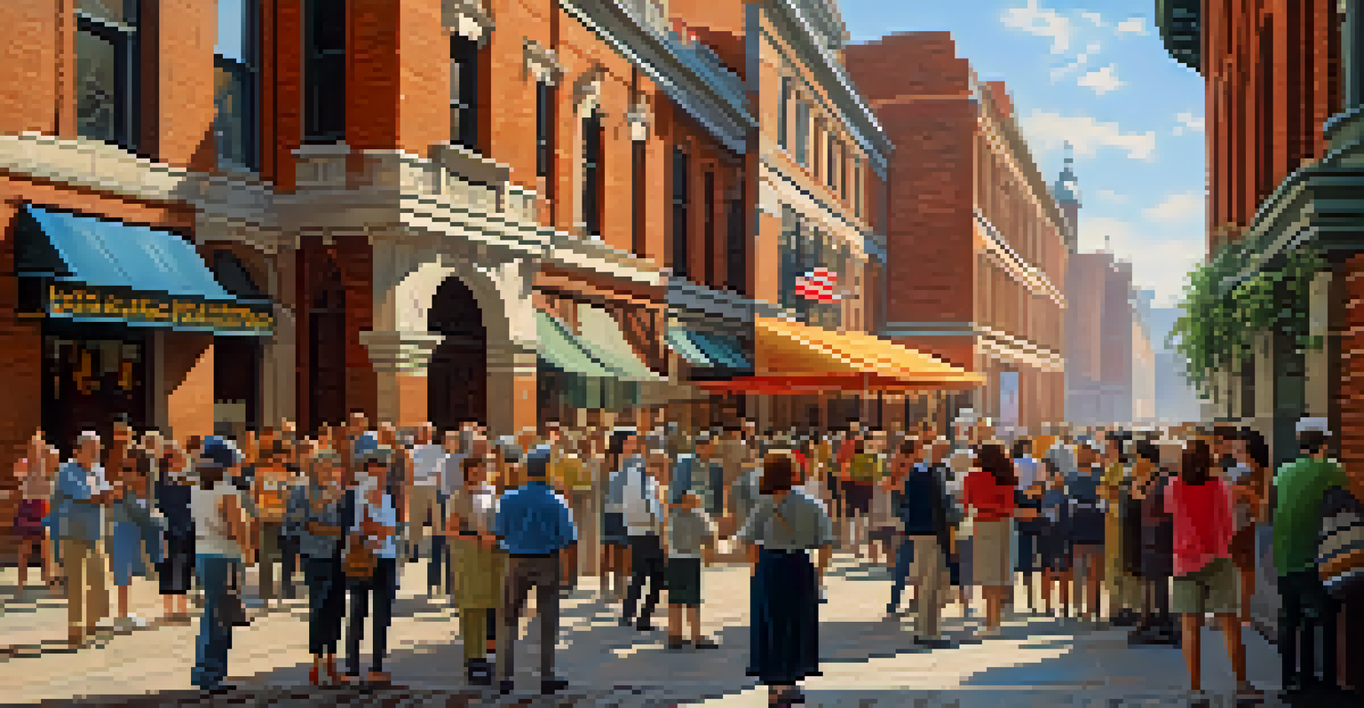 A guided heritage tour with diverse tourists in front of a historical building, showcasing intricate architecture and warm sunlight.