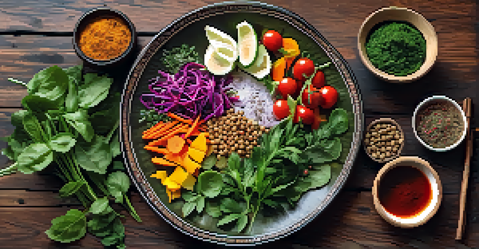 An Ayurvedic meal featuring fresh herbs and vibrant vegetables, displayed on a wooden table in a rustic kitchen.