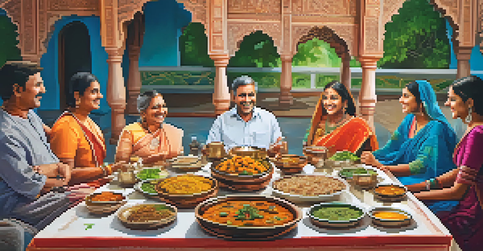 A family enjoying traditional Indian dishes around a beautifully set table, sharing stories and smiles during a heritage tour.