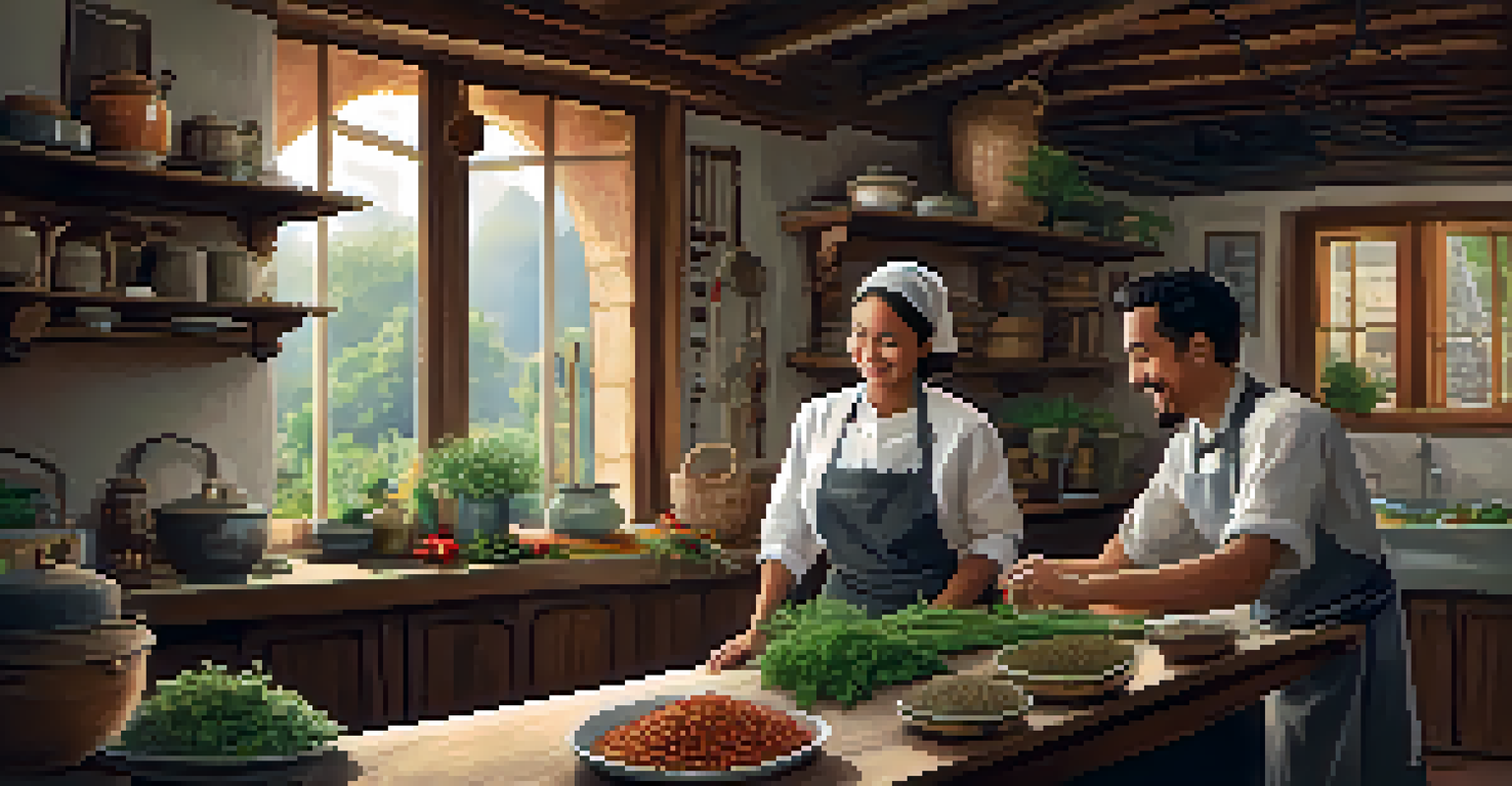 A local chef teaching a traveler to cook in a cozy kitchen filled with fresh ingredients and herbs.