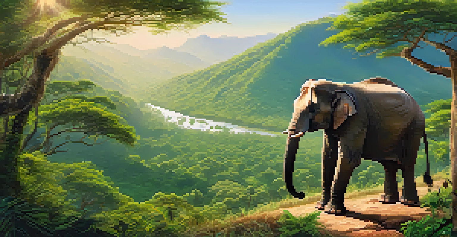 Volunteers observing a majestic elephant in a lush national park in India, surrounded by greenery and mountains.