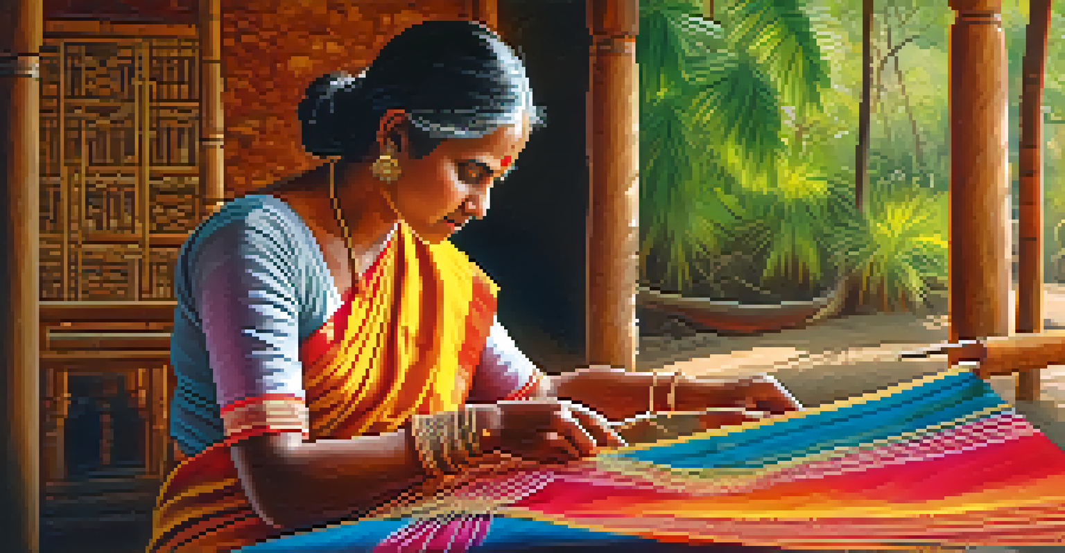 A traditional weaver in a village weaving a colorful Kanchipuram silk saree, surrounded by greenery and warm sunlight.