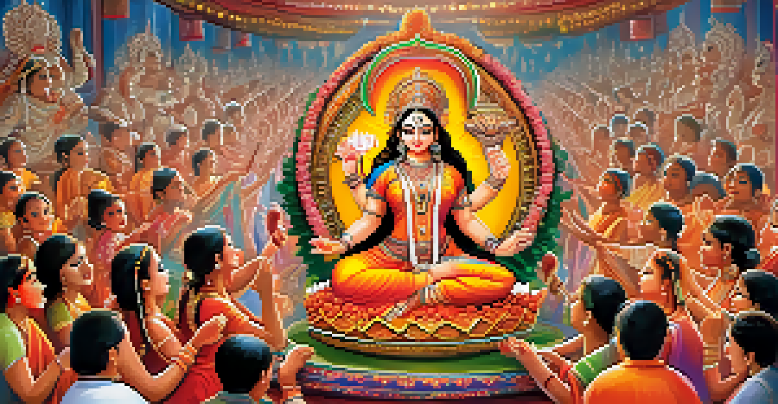 A vibrant Durga Puja celebration with a beautifully crafted idol of Goddess Durga, decorations, and devotees engaged in prayers.