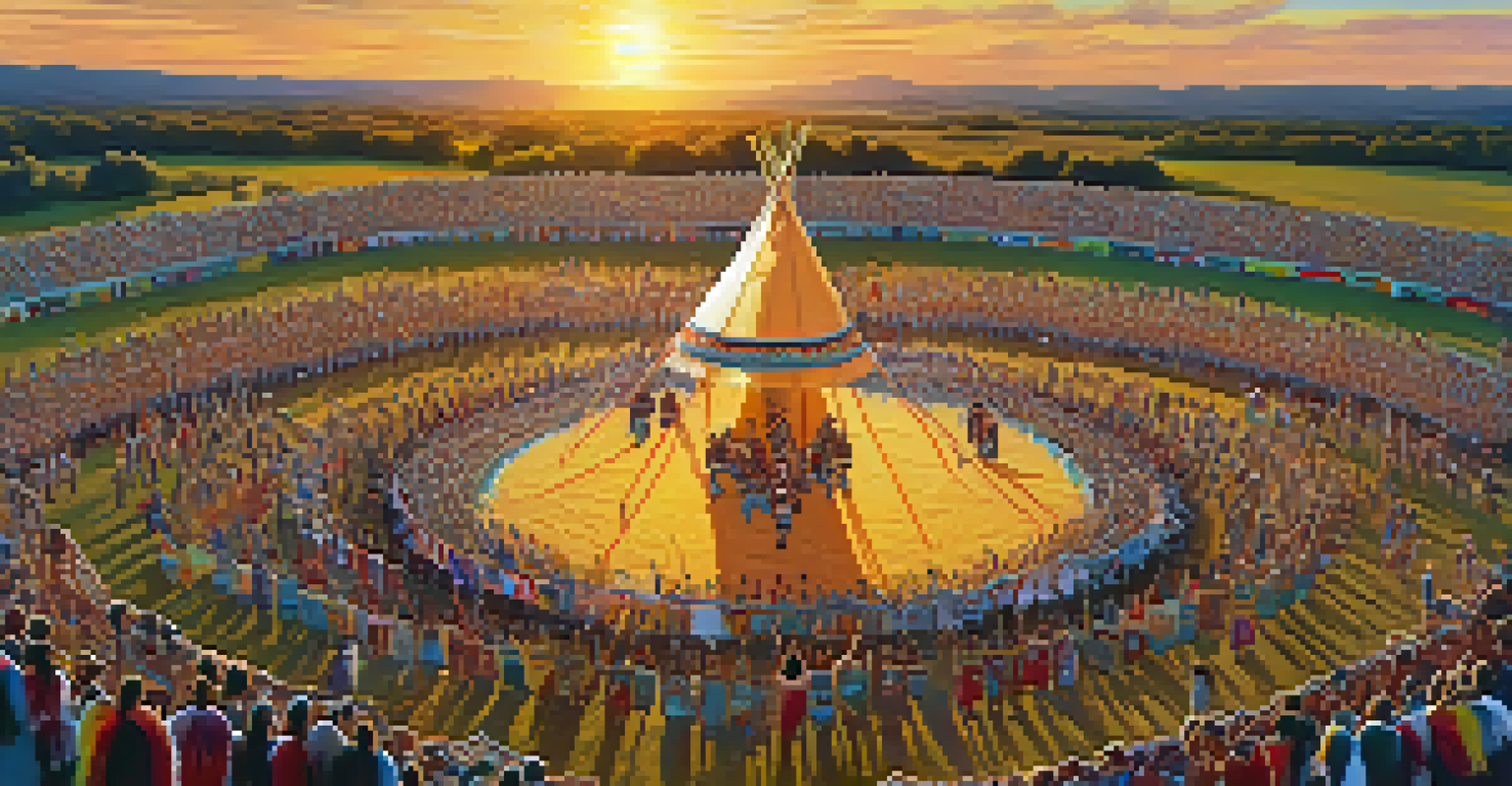 Native American dancers in traditional attire performing at a powwow with spectators enjoying the celebration.