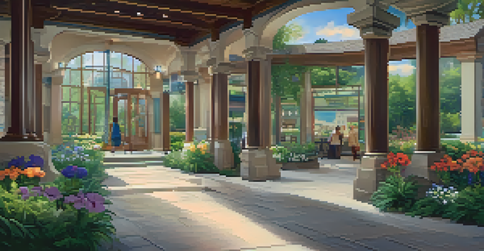 A heritage interpretation center with a welcoming entrance and colorful flowers, featuring visitors engaging with interactive exhibits in a well-lit space.