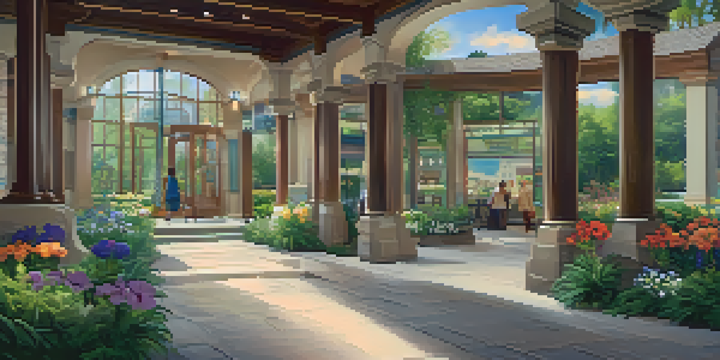 A heritage interpretation center with a welcoming entrance and colorful flowers, featuring visitors engaging with interactive exhibits in a well-lit space.
