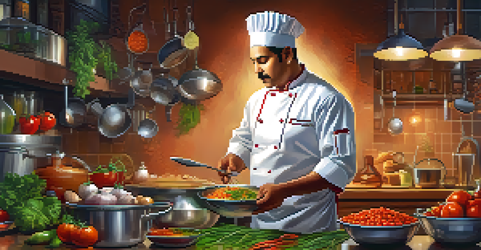 A chef in a modern kitchen preparing a fusion dish with fresh ingredients.
