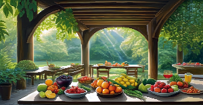 A tranquil outdoor dining scene at a spiritual retreat, showcasing a table filled with fresh fruits and vegetables, illuminated by soft sunlight.