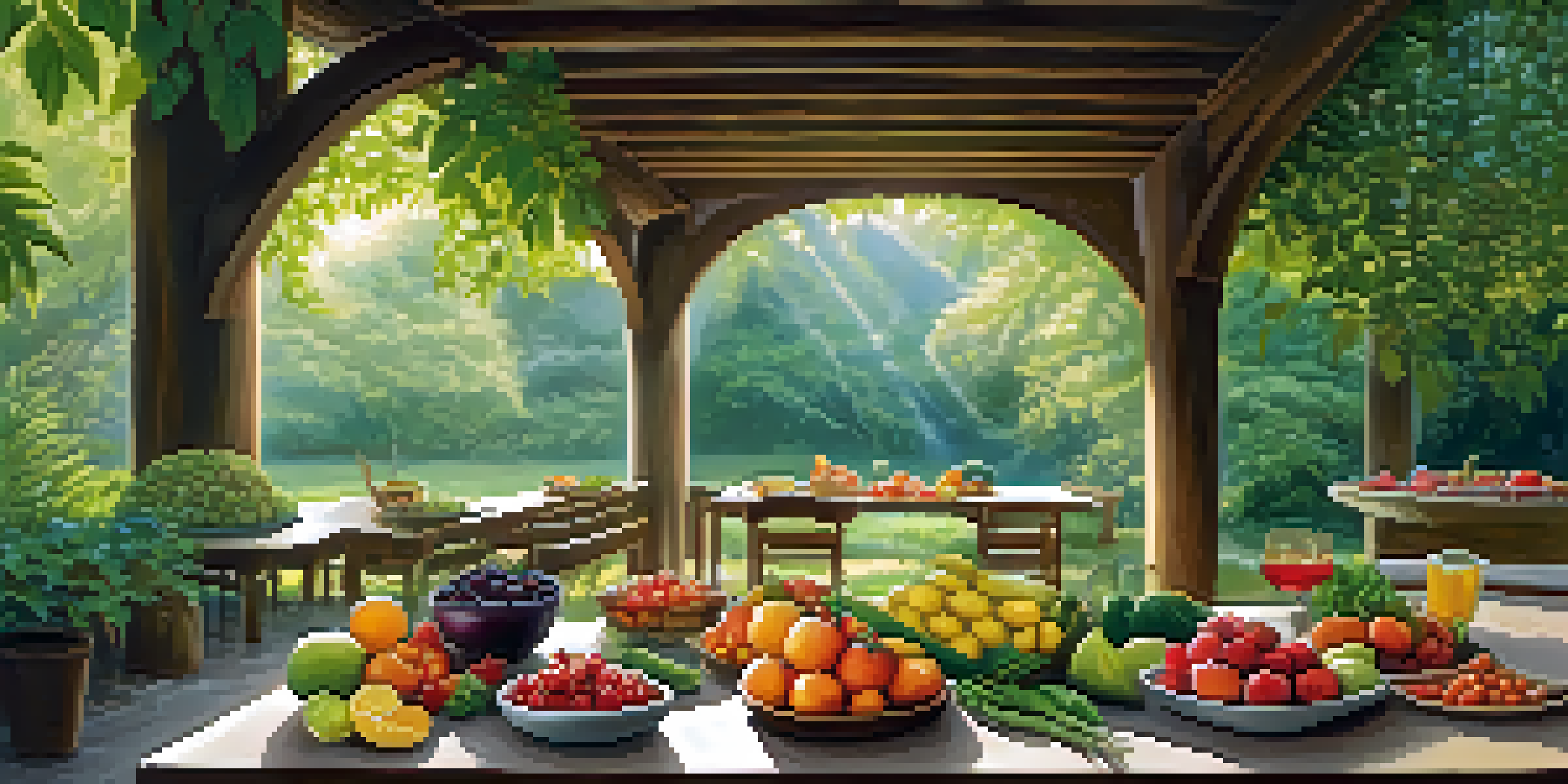 A tranquil outdoor dining scene at a spiritual retreat, showcasing a table filled with fresh fruits and vegetables, illuminated by soft sunlight.