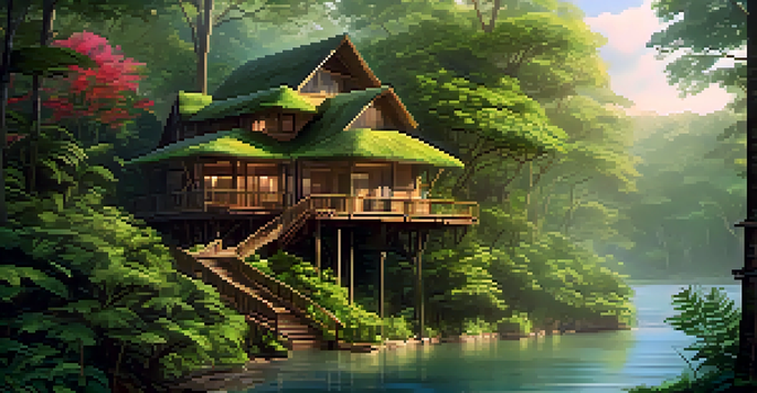 A picturesque eco-resort in a rainforest with treehouses and a wooden walkway, surrounded by vibrant greenery and a river.