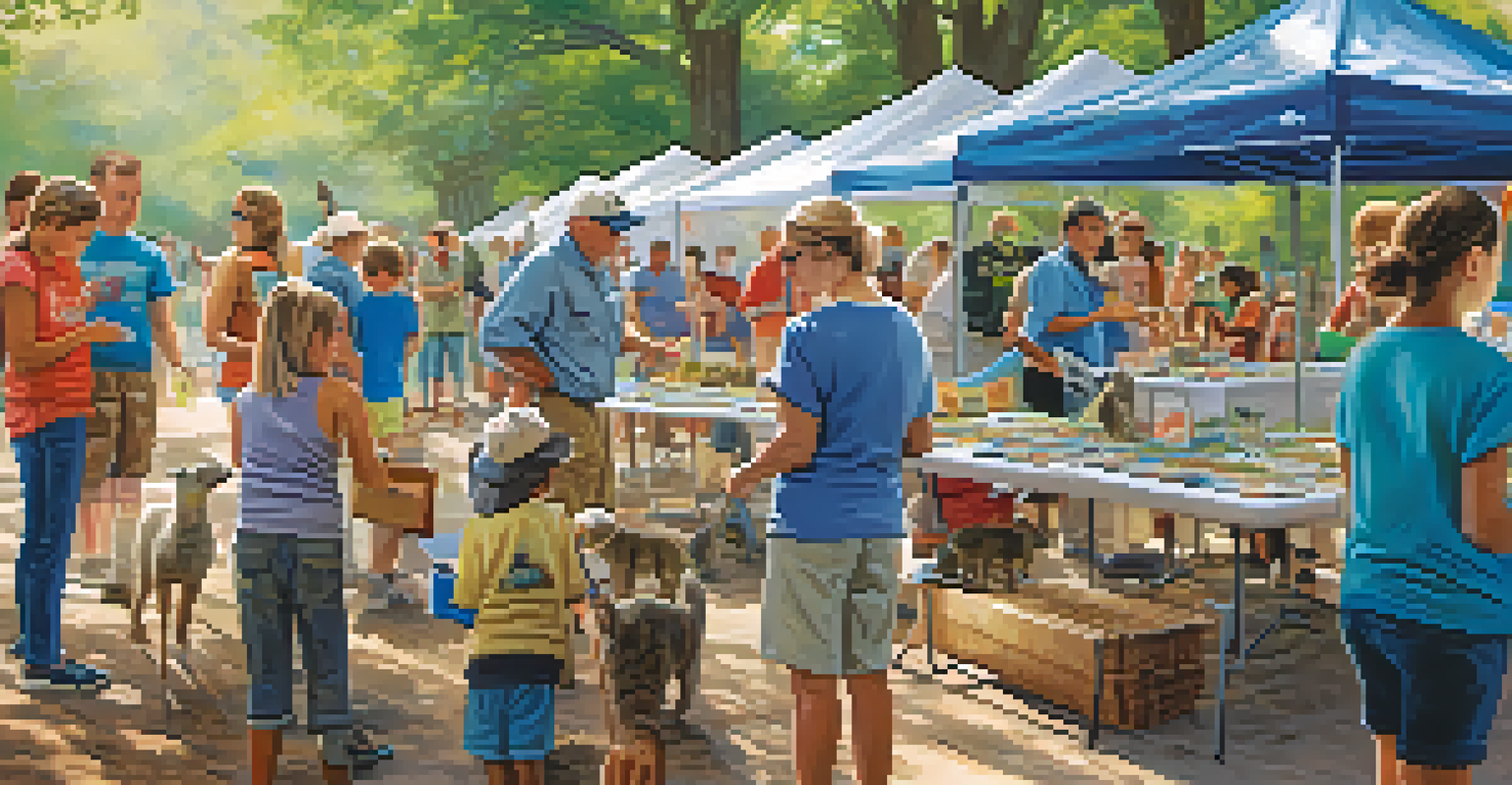 Volunteers at a wildlife rehabilitation center are hosting an outdoor educational event with colorful booths and families learning about wildlife.
