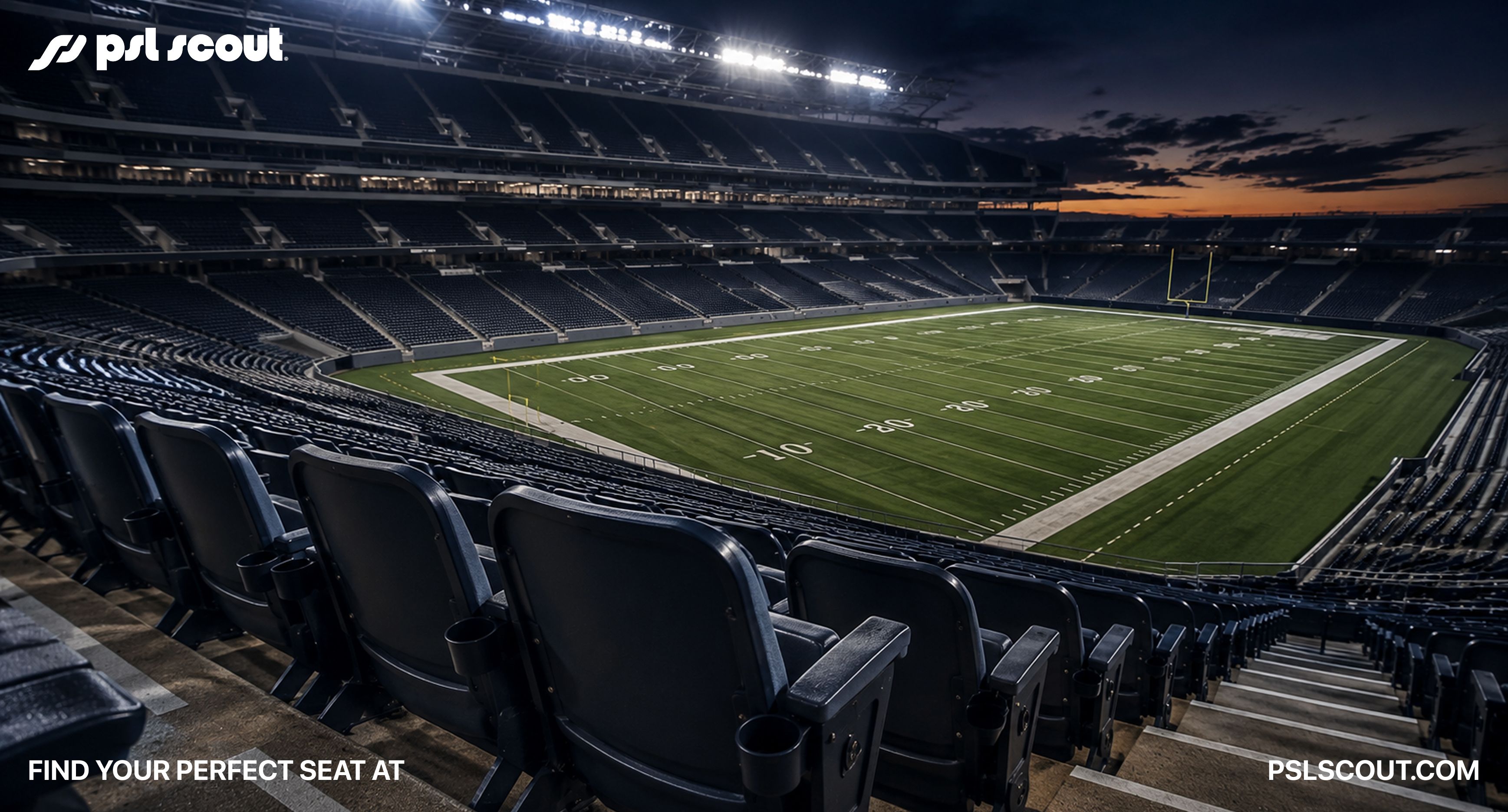 Empty NFL-style stadium with premium stadium seats in the foreground, illustrating the experience of owning a Personal Seat License (PSL) and the different options for buying NFL PSLs.
