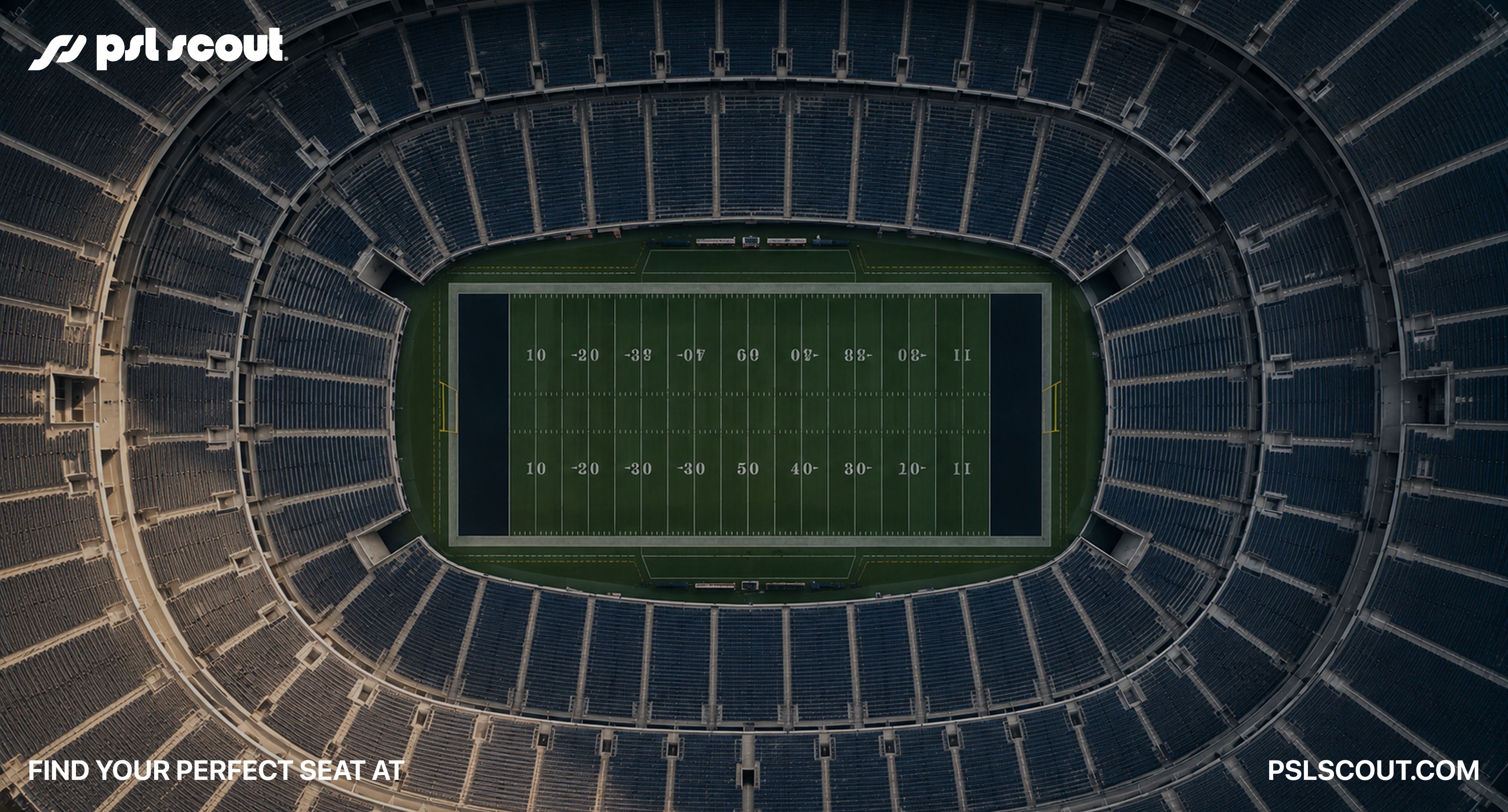 Top-down aerial view of a large football stadium with thousands of empty seats, representing the many marketplace alternatives available for buying or selling an NFL Personal Seat License (PSL).