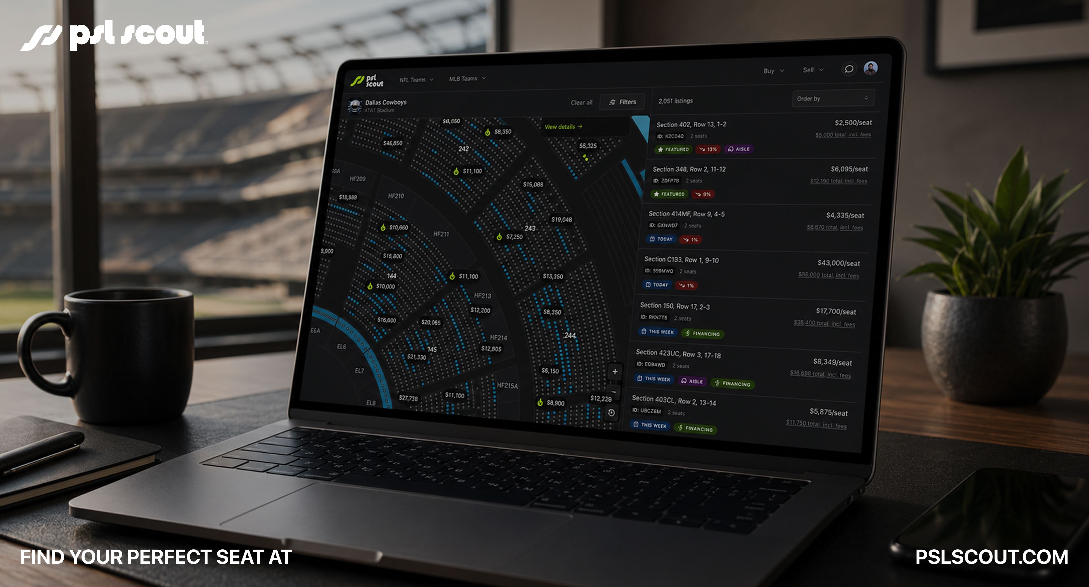 Laptop displaying an NFL Personal Seat License (PSL) marketplace with interactive stadium maps and active listings, illustrating where to sell a PSL online.
