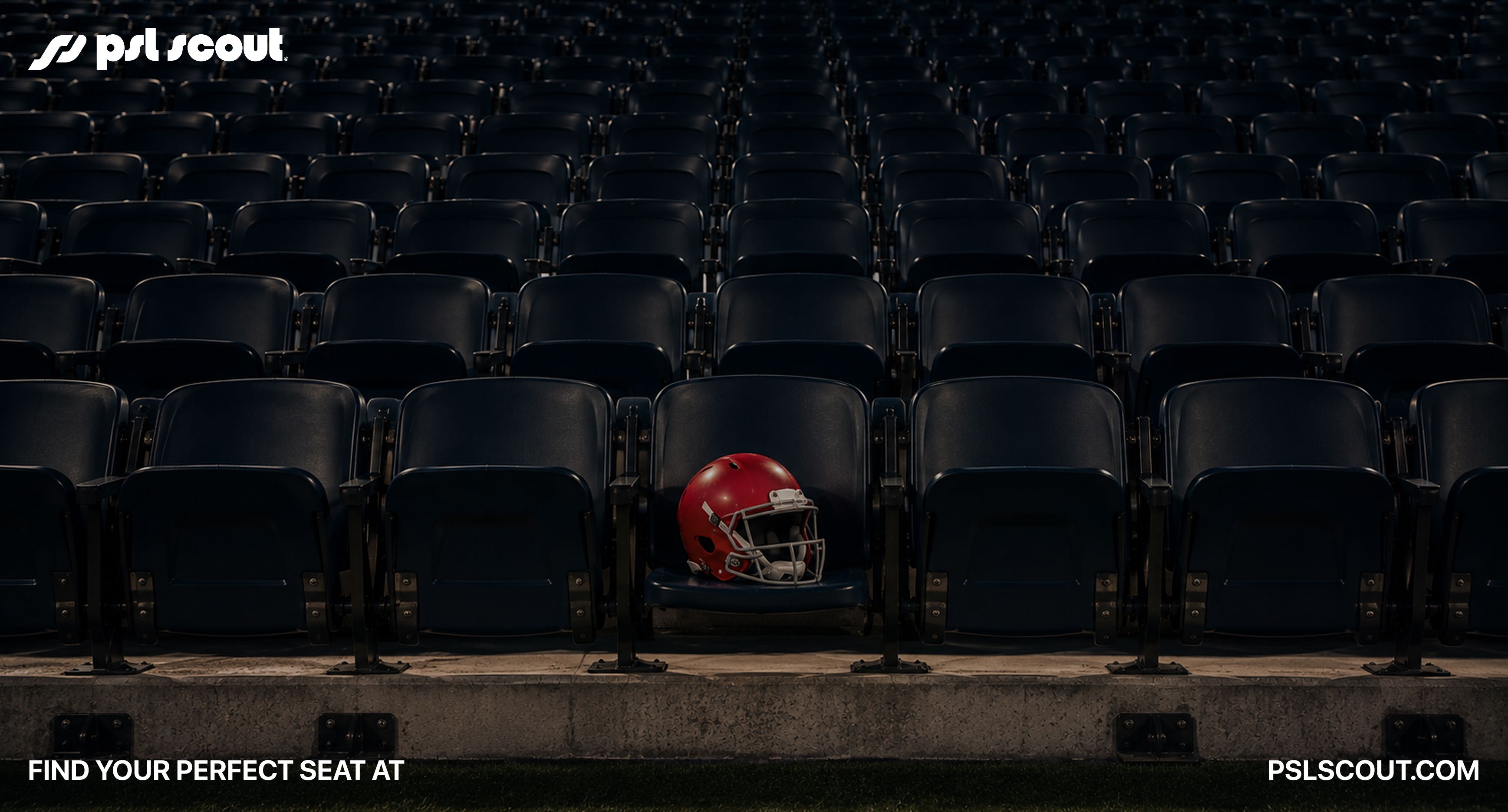 Rows of empty NFL-style stadium seats with a single red football helmet placed on a premium front-row seat.