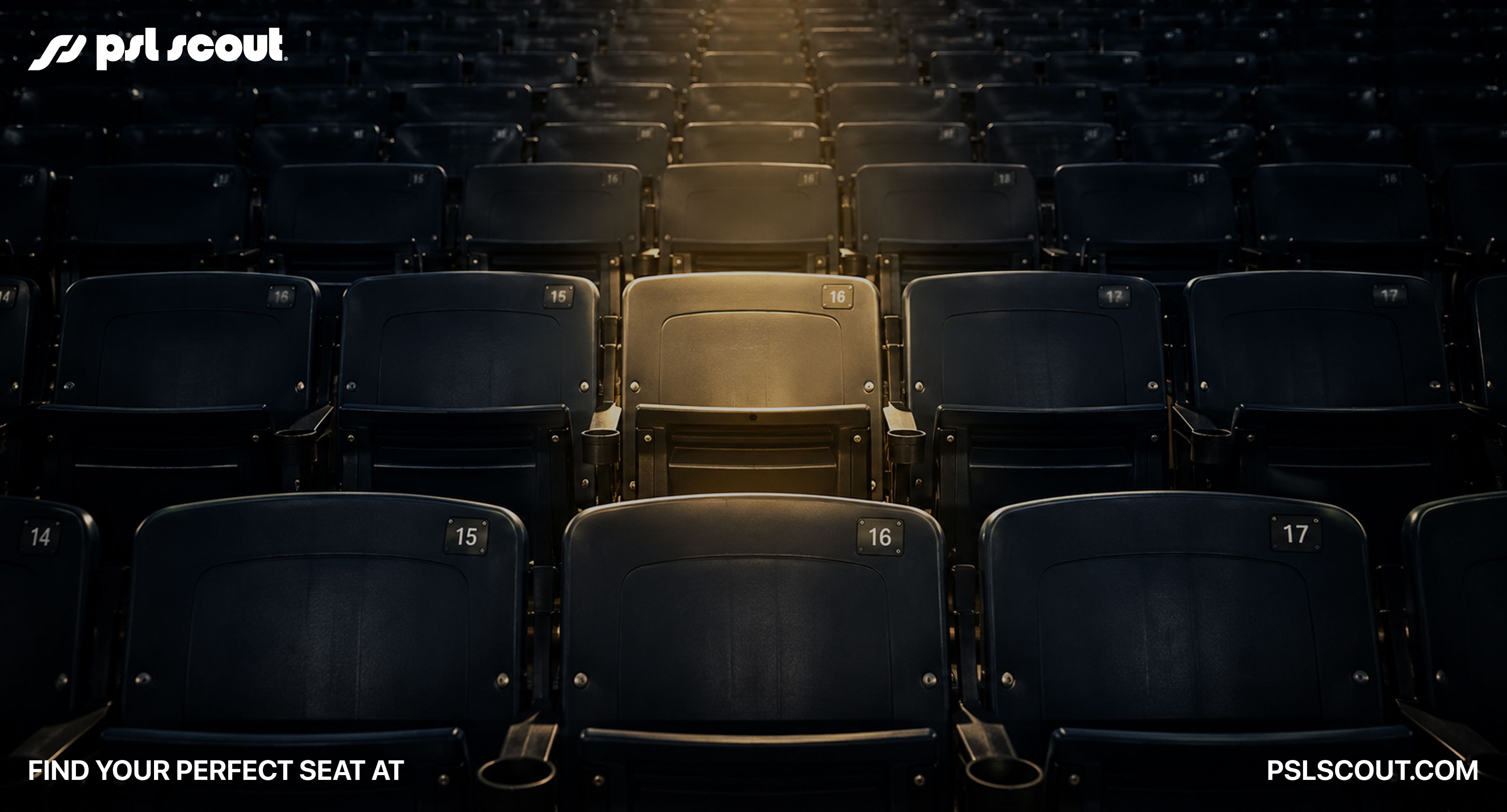 Rows of premium NFL-style stadium seats with a single seat illuminated under a spotlight, symbolizing choosing the best alternative for buying or selling an NFL Personal Seat License (PSL).