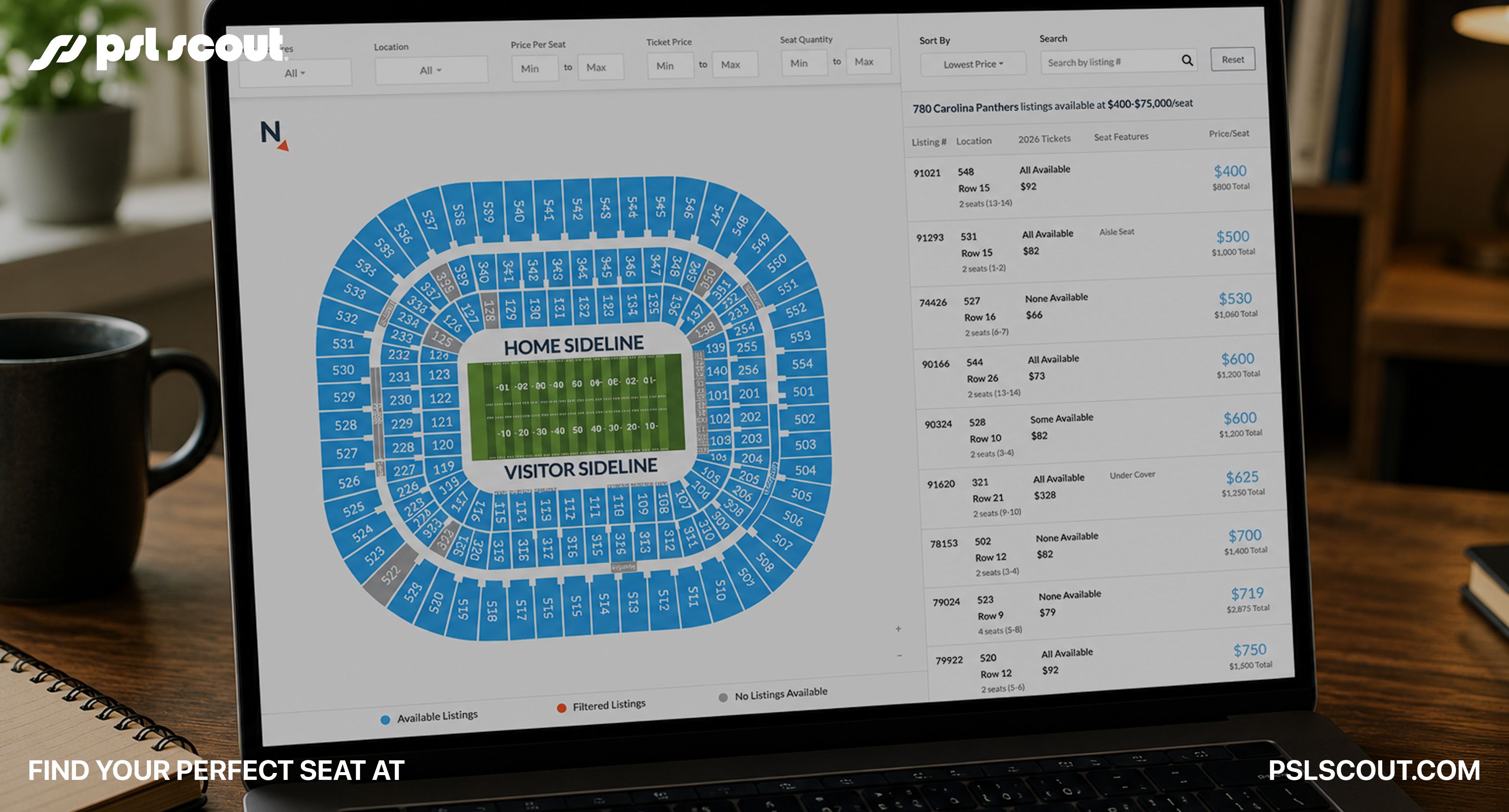 PSL Source marketplace displayed on a laptop, showing an interactive stadium seat map and active NFL Personal Seat License listings for buyers and sellers researching the platform.