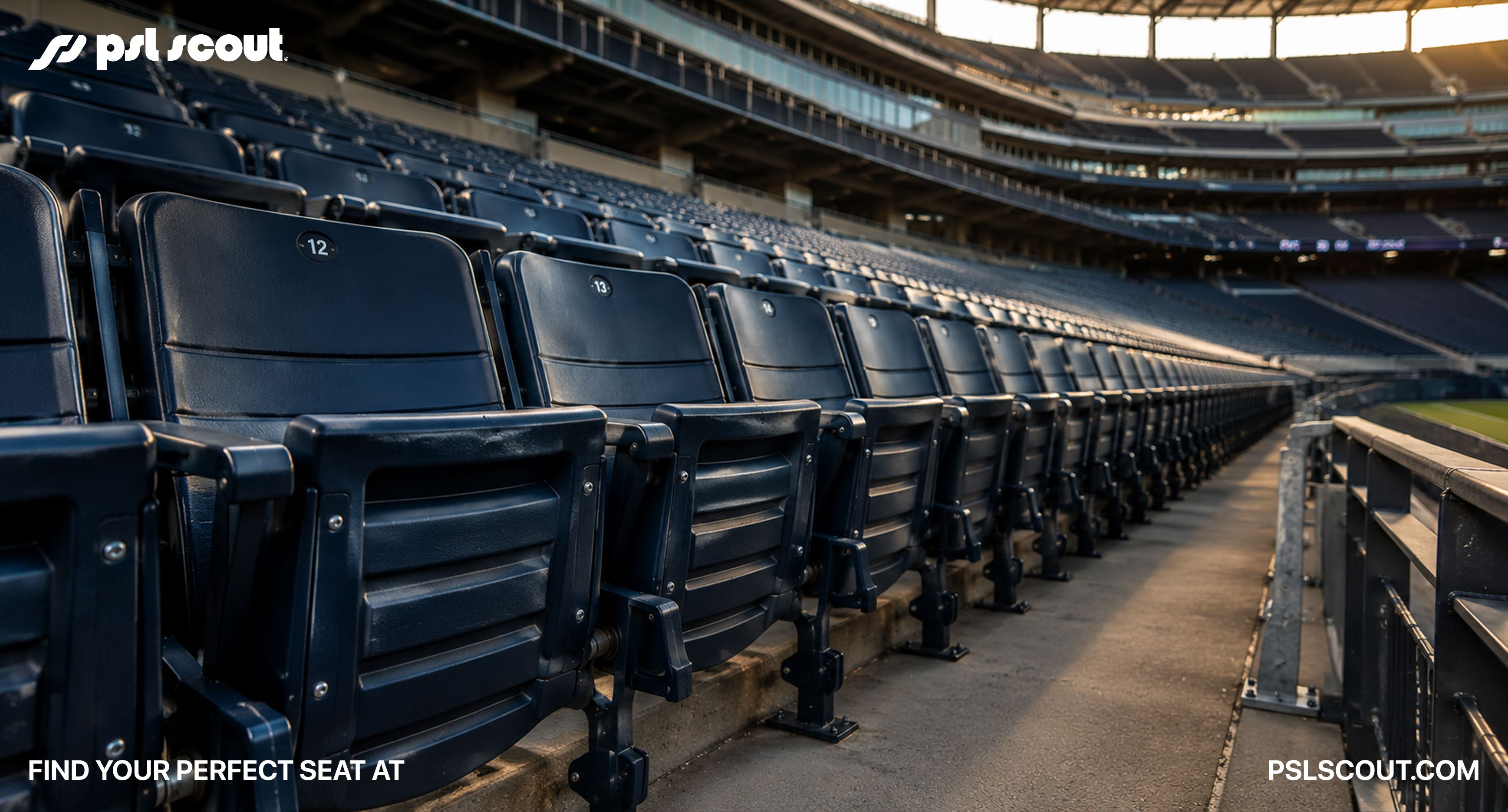 Rows of premium stadium seats inside a modern football stadium, featured in a comparison of PSL Scout vs STR Marketplace for NFL Personal Seat Licenses.