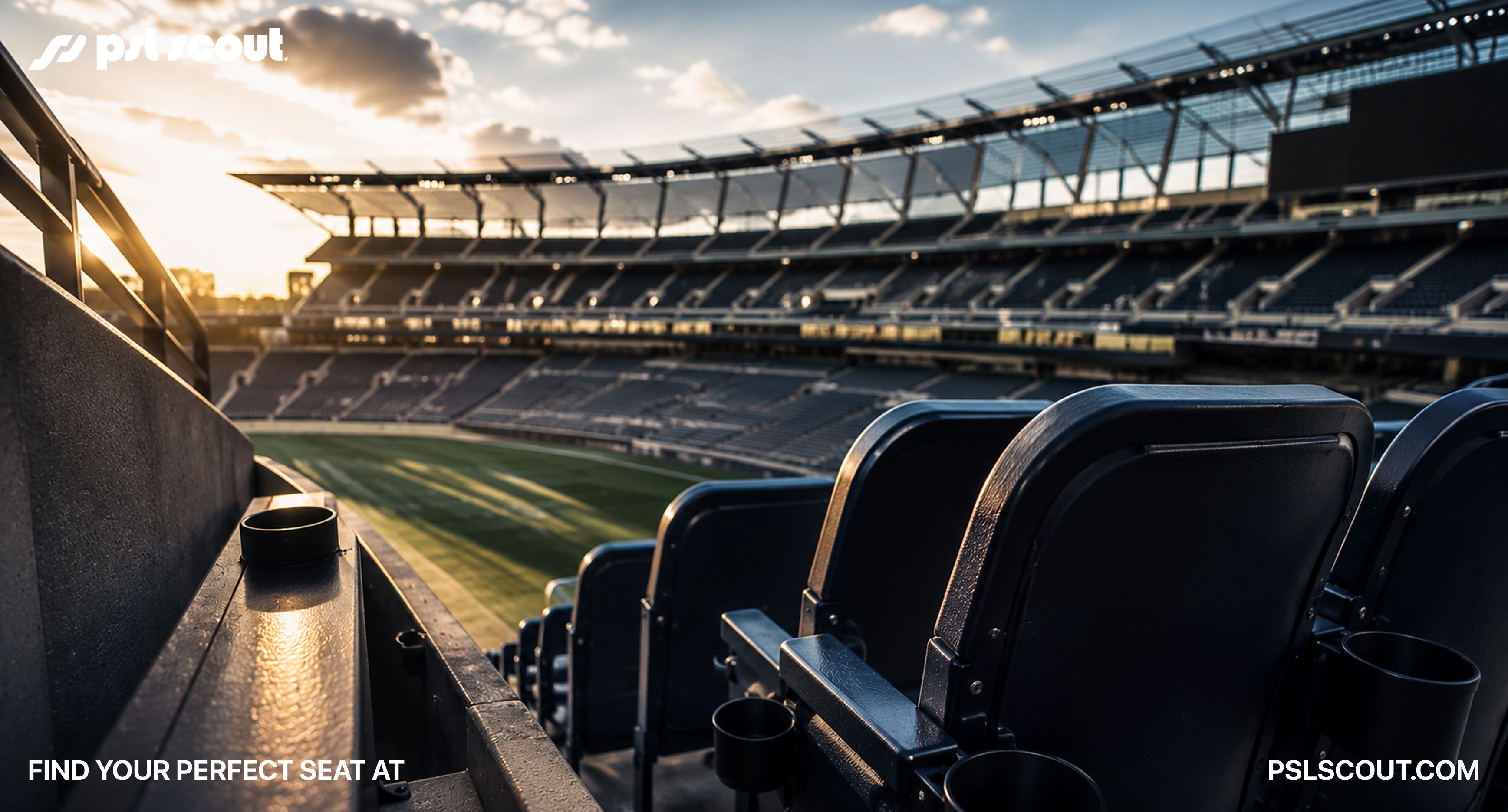 Premium NFL-style stadium seats overlooking an empty football field, representing the comparison between STR Marketplace and PSL Source for buying or selling an NFL Personal Seat License (PSL).