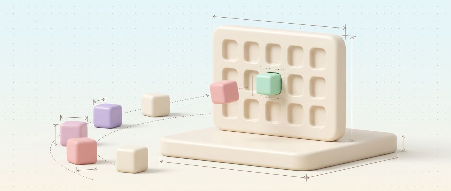 Pastel product cubes moving along a dotted path into a catalog grid panel