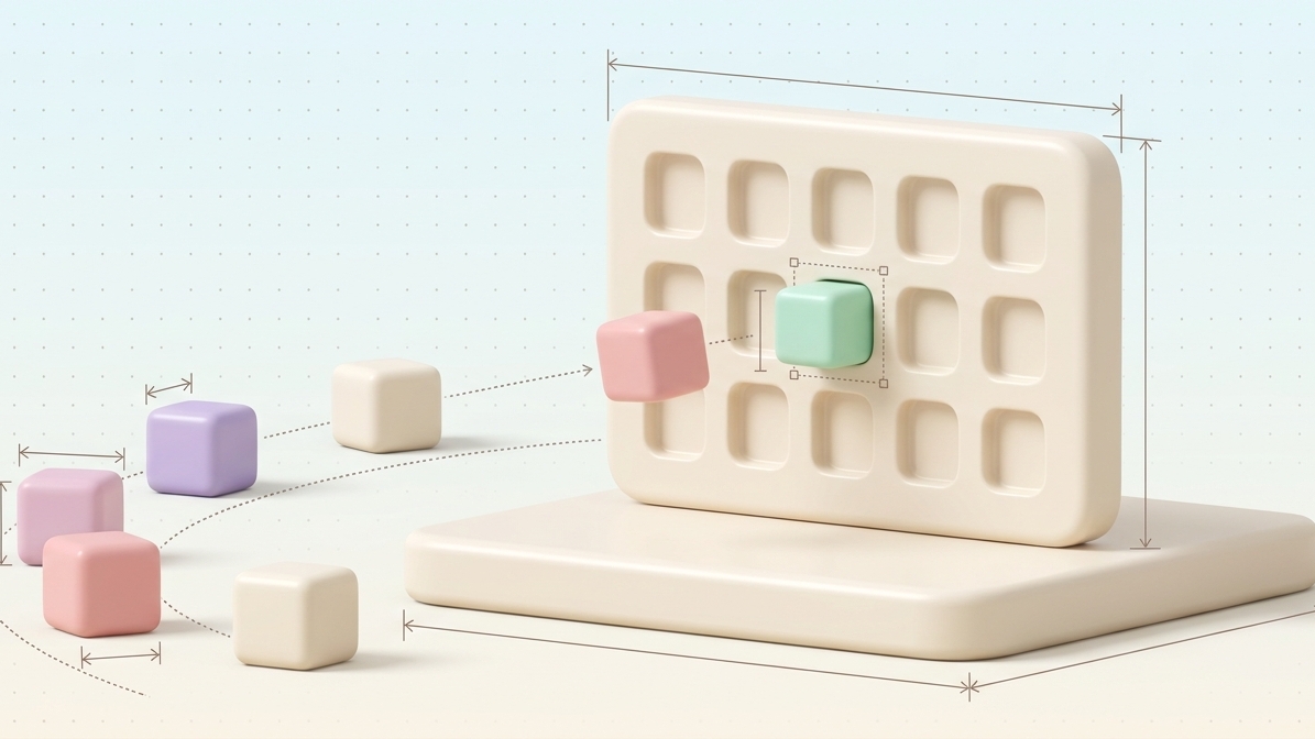 Pastel product cubes moving along a dotted path into a catalog grid panel